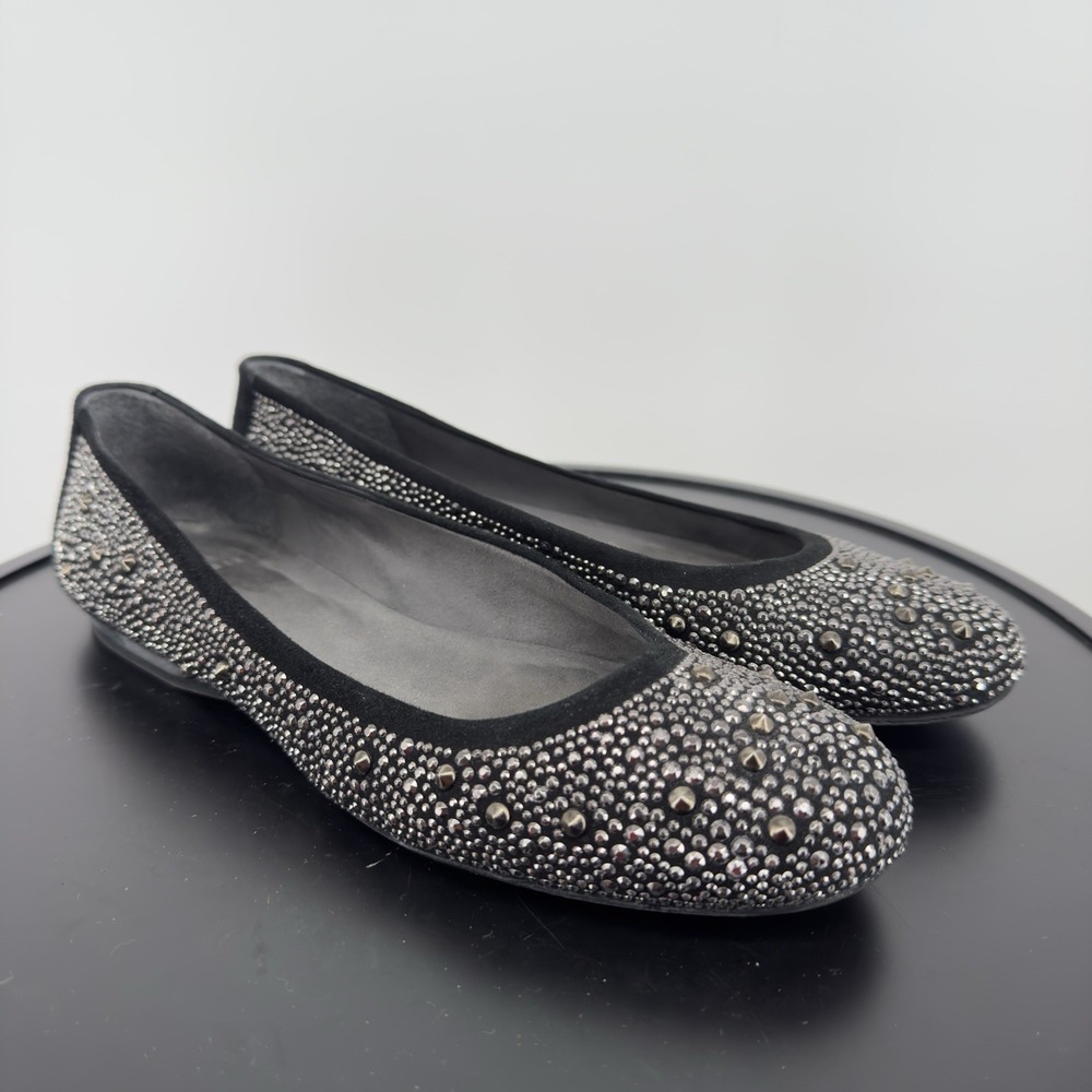 Stuart Weitzman Black Suede Rhinestone Studded Ballet Flats Made In Spain Sz 9.5